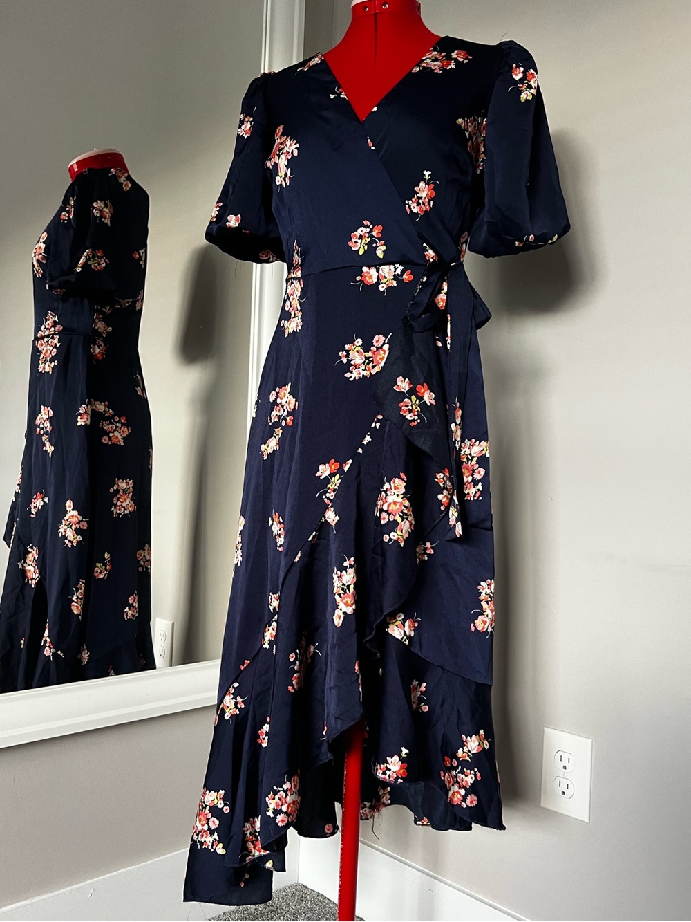 Navy Floral Wrap Midi Dress with Ruffle Hem